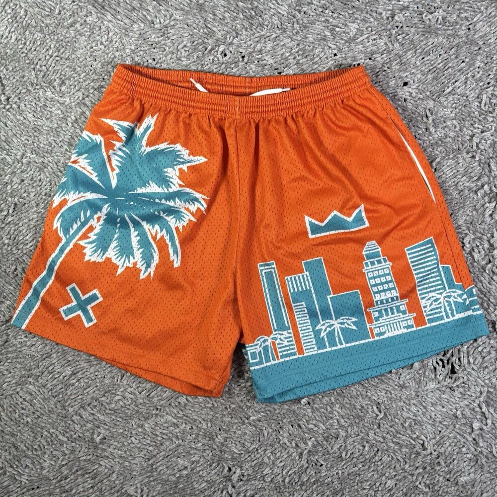 Soul Runner Mesh Shorts Mens 2XL Orange Blue Floral Summer Miami Skyline Gym